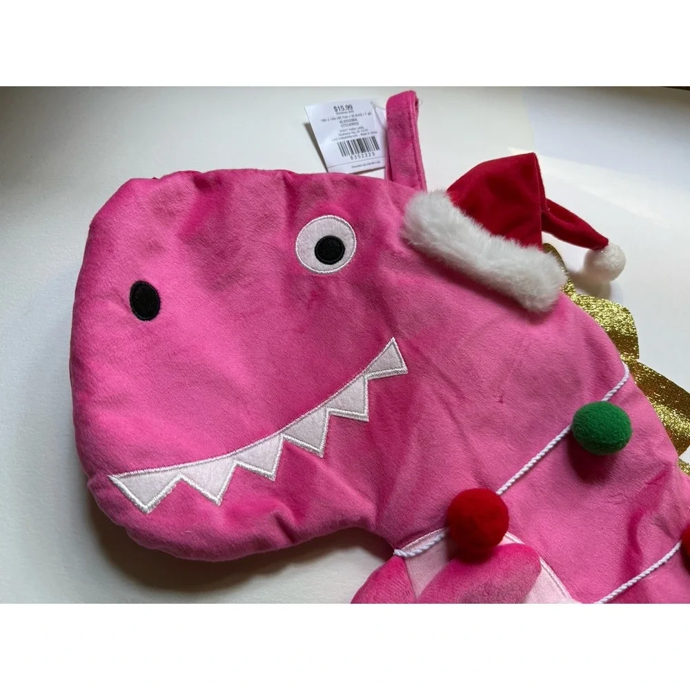 NWT‎ HOBBY LOBBY Pink Dinosaur Shaped with Pom Pom Christmas Themed Stocking